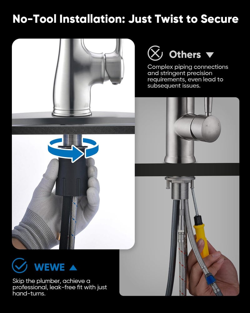 WEWE Vintage Kitchen Faucet with Pull Down Sprayer, Stainless Steel 1 or 3 Hole High Arc Single Handle Antique Sink Faucet for Classic Modern Ktichen, Brushed Nickel Bar & Prep Sinks - Image 4